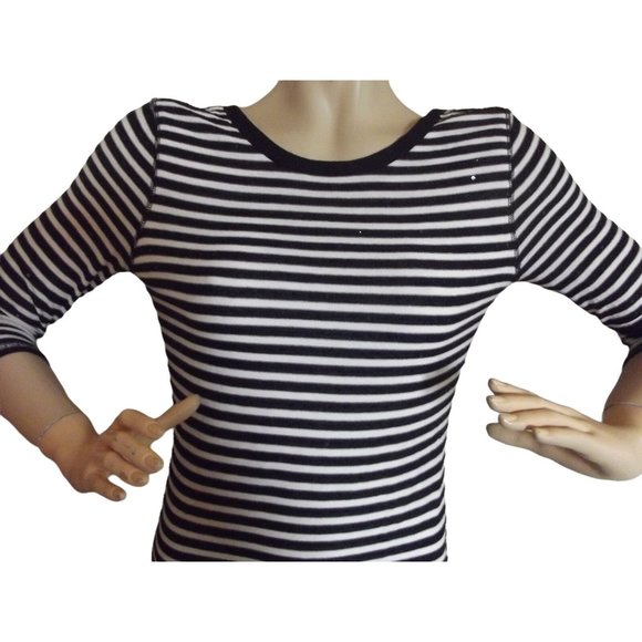 Express Medium Black White Striped Sequin Shift Scoop Back Sweater Dress (M 8-10 - Picture 3 of 9